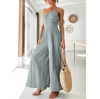 Women's sexy camisole waist wide leg sleeveless cotton linen jumpsuit