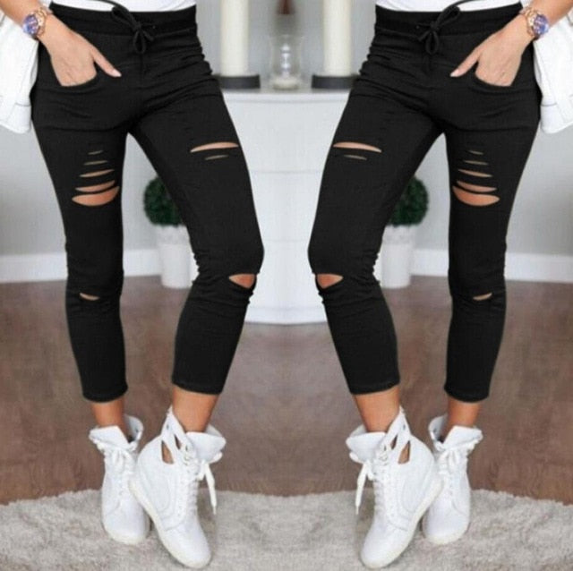 Skinny Jeans Women Denim Pants Holes Destroyed Knee Pencil Pants Casual Trousers Black White Stretch Ripped Jeans