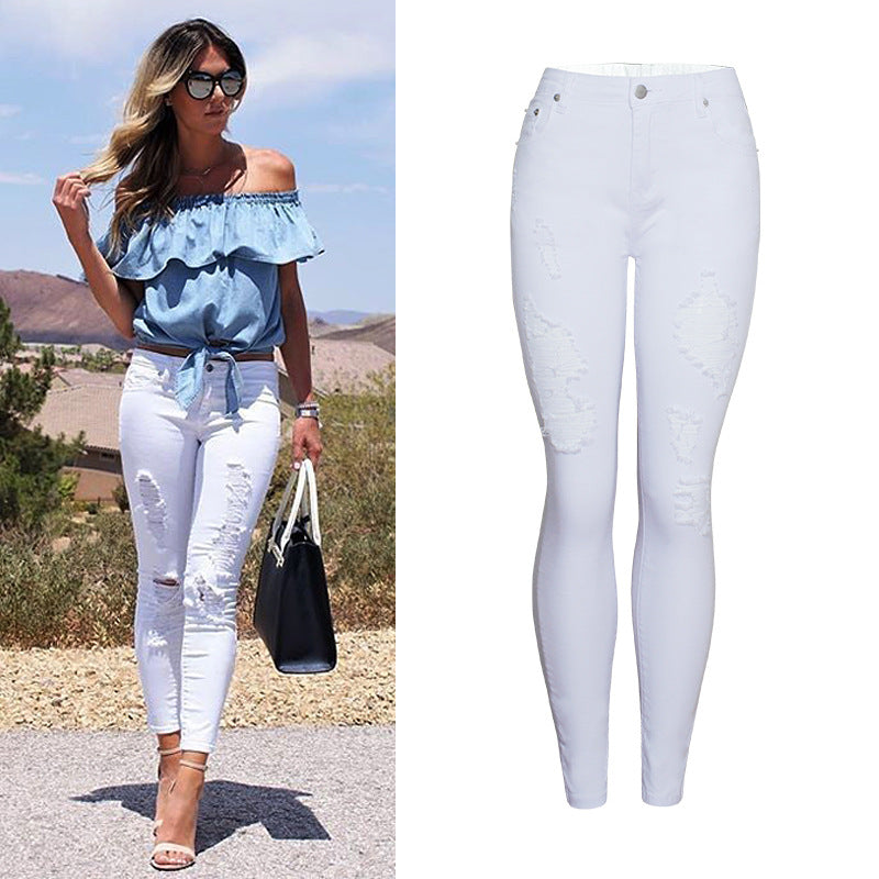 Women's Popular Slim Solid Color White Ripped Pencil Pants High Waist Slim Pencil Pants