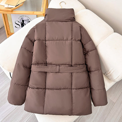 Winter Thick Stand Collar Parkas Women Fashion Tie Waist Short Coats Elegant New Solid Puffer Jackets Female Ladies Streetwear