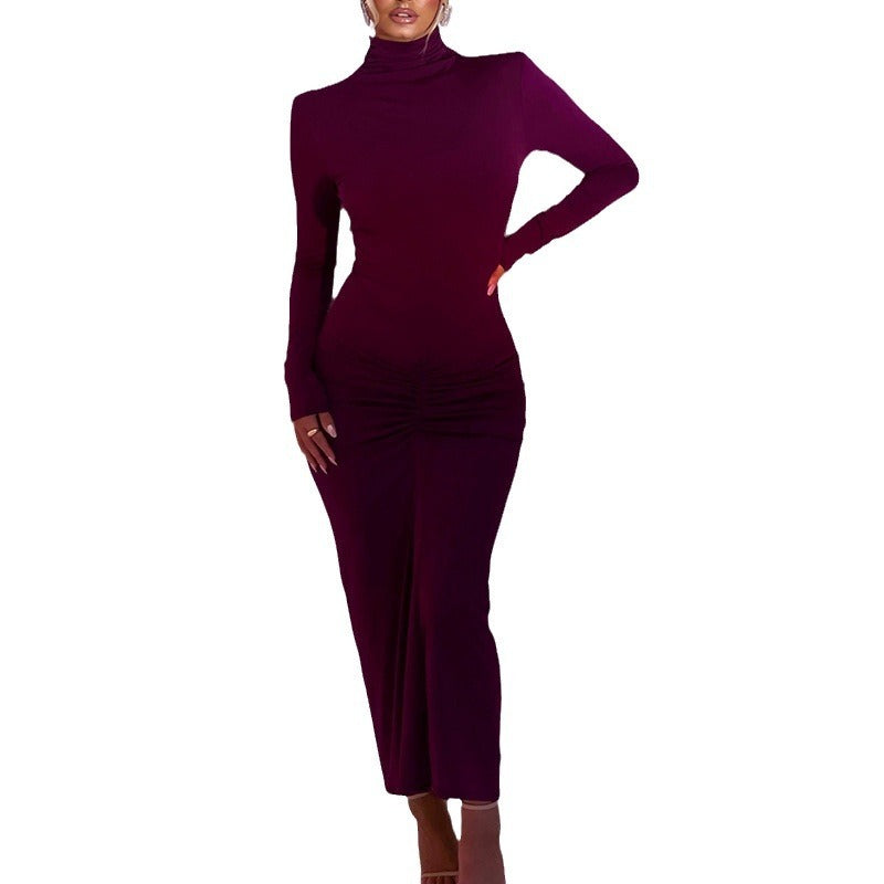 Half high neck long sleeved dress for women's fashion, sexy, spicy girl temperament, tight fitting long skirt