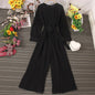 Elegant round neck, long sleeves, waistband, tie up for slimming, pleated wide leg long pants, jumpsuit for women