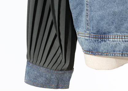 High quality spliced pleated sleeve denim top with temperament