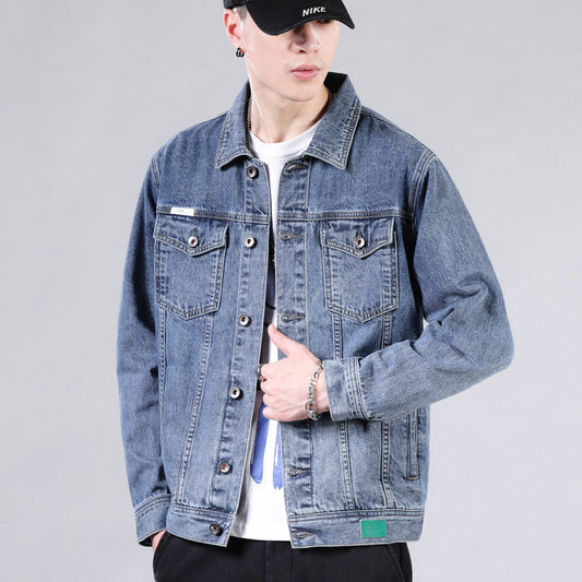 New men's Korean version solid color casual denim jacket for couples, lapel, plus size, same jacket