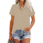 Women's top lapel loose solid color threaded short sleeved zippered t-shirt for women