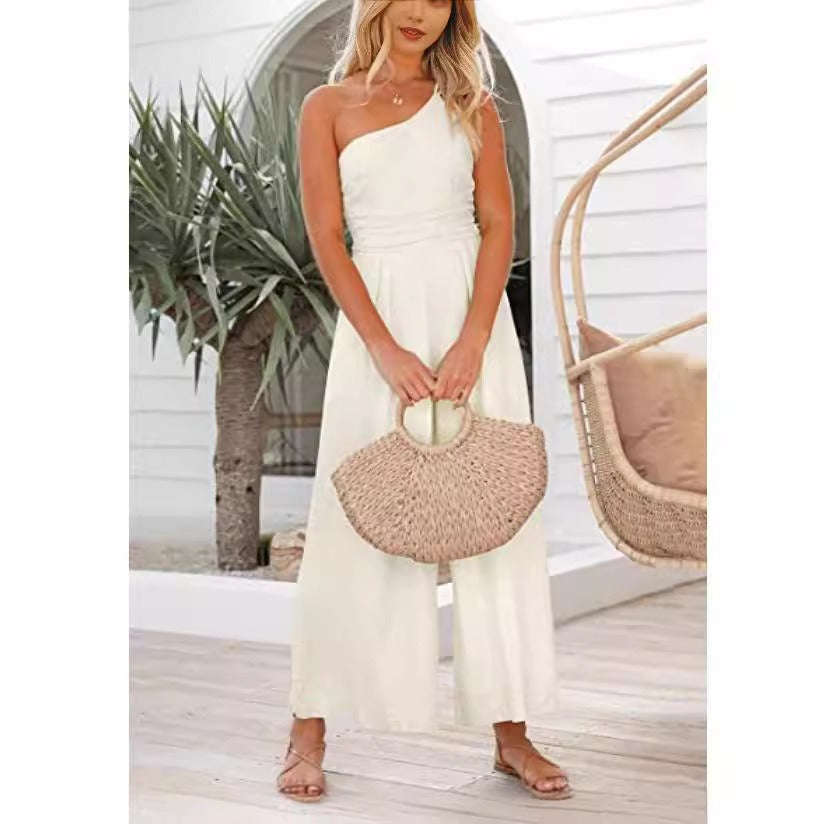 Women's sexy camisole waist wide leg sleeveless cotton linen jumpsuit