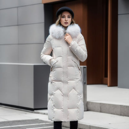 Cotton padded clothes women's middle and long style, slim fit, knee length cotton padded clothes, large wool collar and thick cotton padded jacket