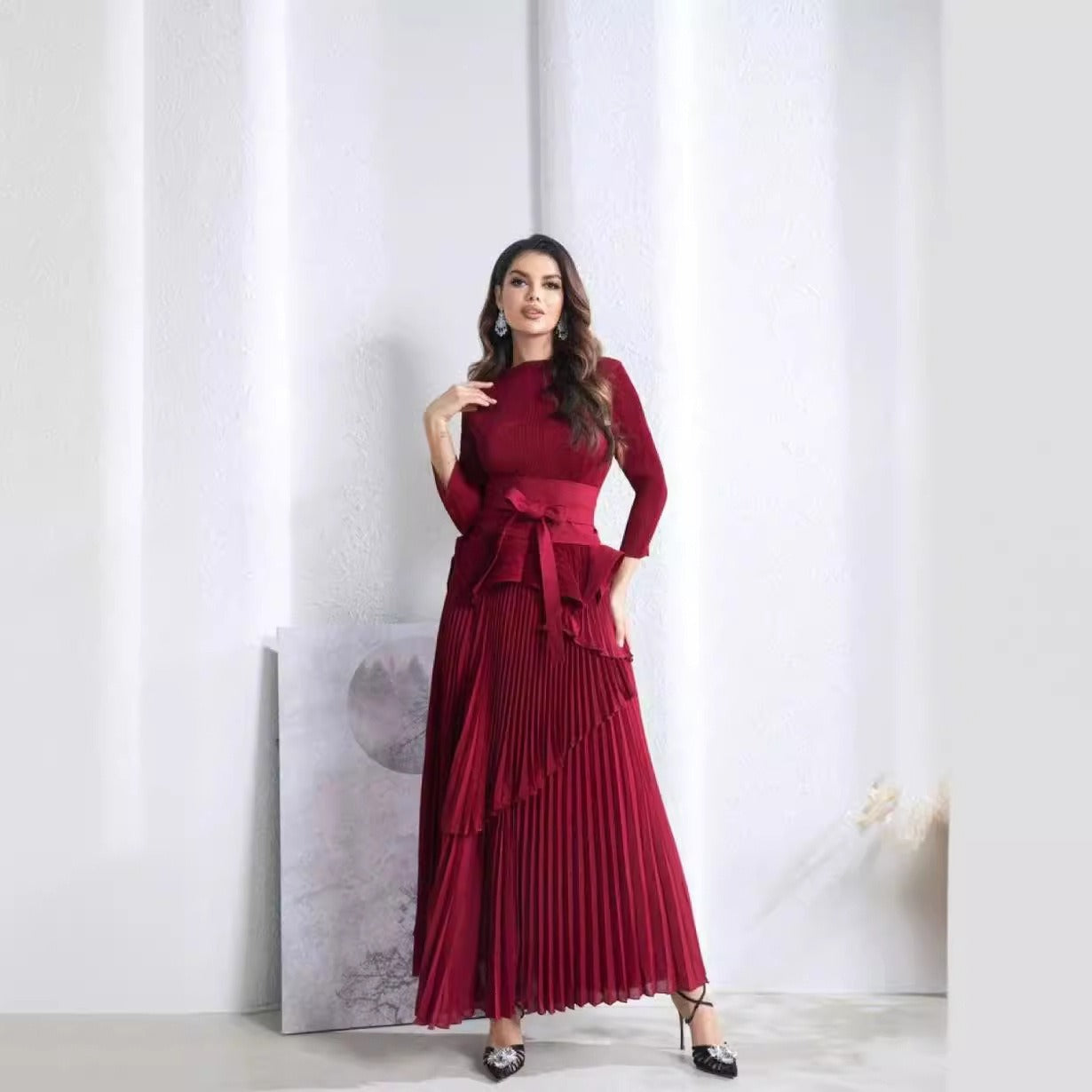 Wrinkled Irregular Lantern Skirt+Long Swing Skirt Set 2024 Autumn New Solid Color Two Piece Set Middle East