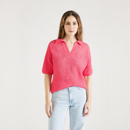 Women's Jacquard Mesh Loose Polo Knitted Shirt for Women