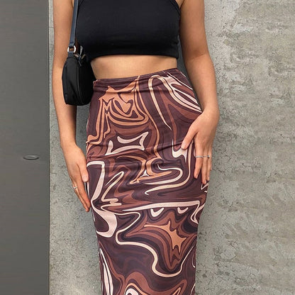 High waisted and buttocks wrapped, sexy and slim fitting, printed half skirt for women