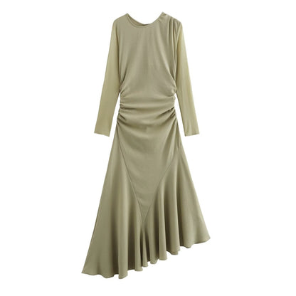 Wrinkle decoration slimming and slimming temperament Midi irregular long sleeved dress