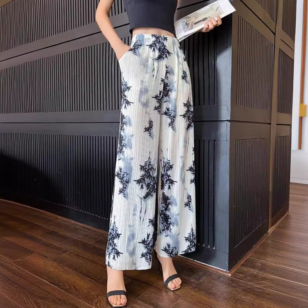 Versatile casual pants women's straight printed long pants high waisted slimming and draped wide leg pants