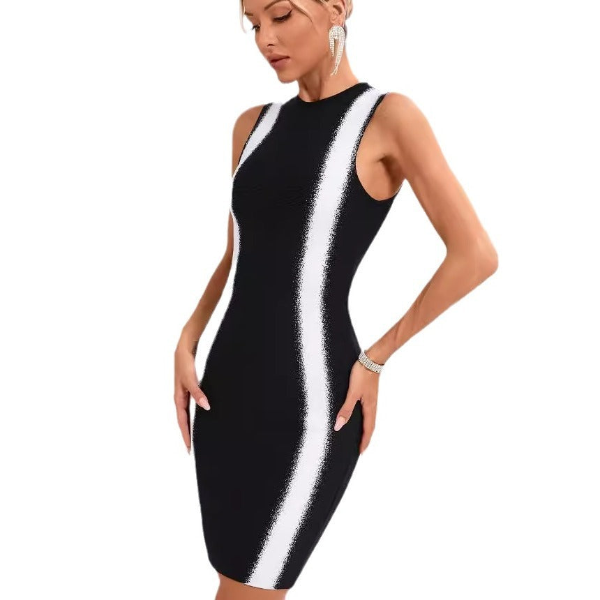 Black and white contrasting sleeveless round neck zipper sexy slim fit and slimming bandage dress