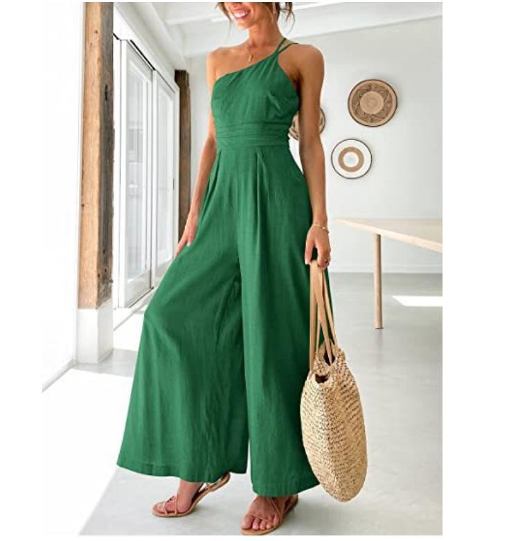 Women's sexy camisole waist wide leg sleeveless cotton linen jumpsuit