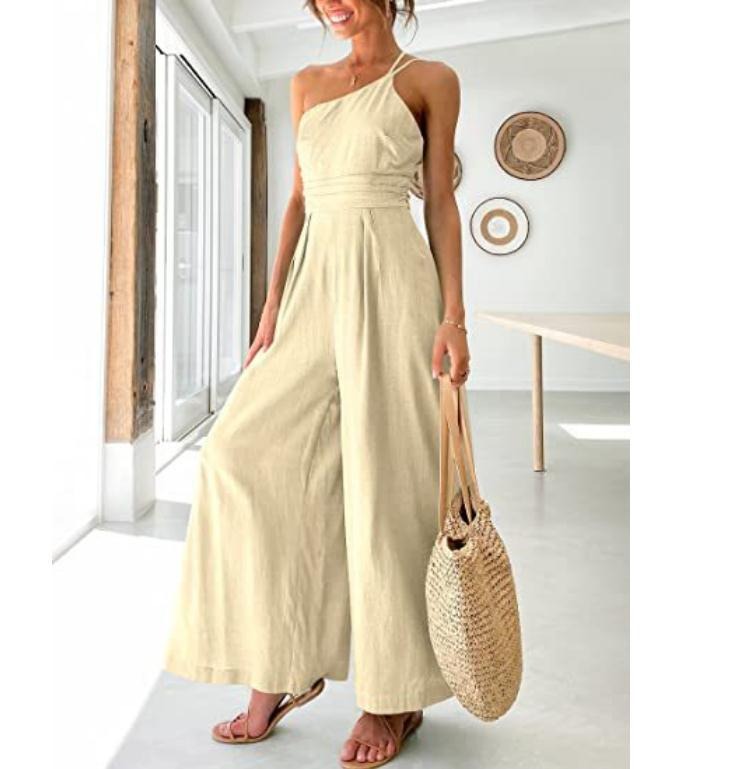 Women's sexy camisole waist wide leg sleeveless cotton linen jumpsuit