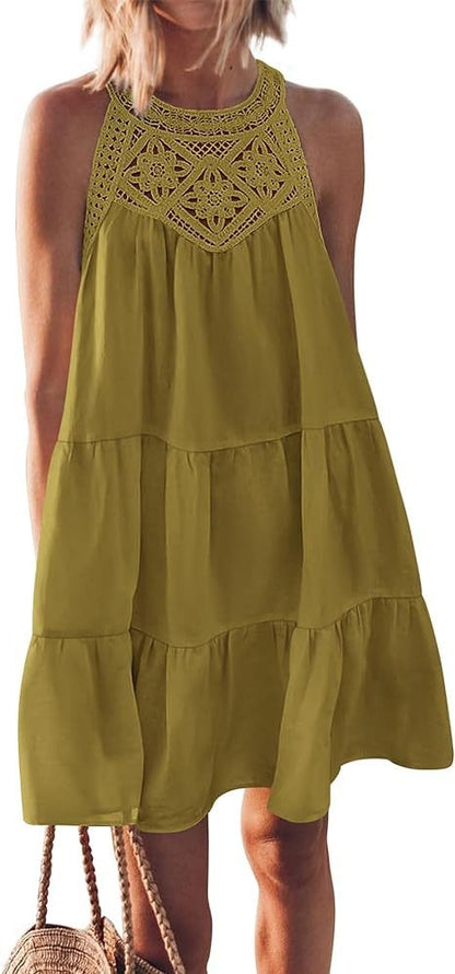 Hollow out backless dress, casual sleeveless A-line layered swinging vest skirt