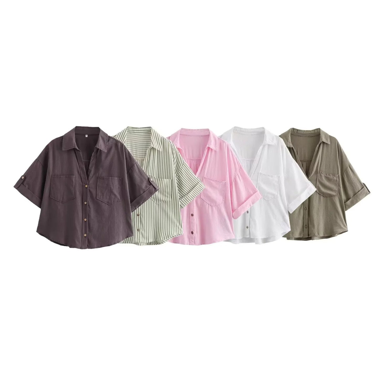 Linen blend pocket decoration single breasted short shirt