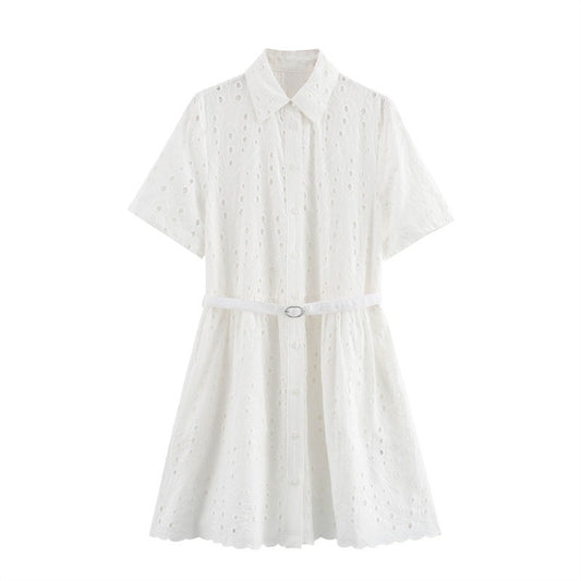 French hollow embroidery with belt short dress