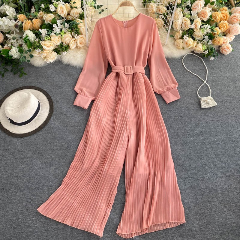 Elegant round neck, long sleeves, waistband, tie up for slimming, pleated wide leg long pants, jumpsuit for women