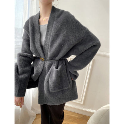 Heavy cargo temperament imitates mink fur sweater jacket women's loose and lazy thick knitted cardigan without shedding hair