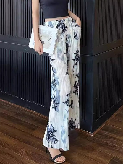 Versatile casual pants women's straight printed long pants high waisted slimming and draped wide leg pants