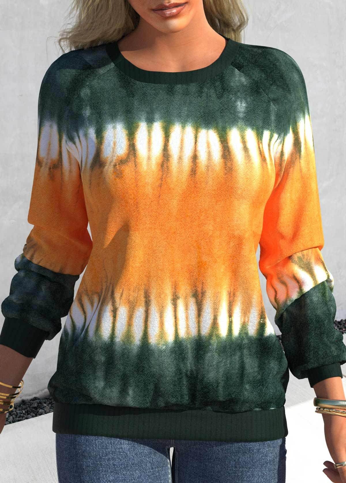 Round neck shoulder long sleeved casual loose tie dyed printed top