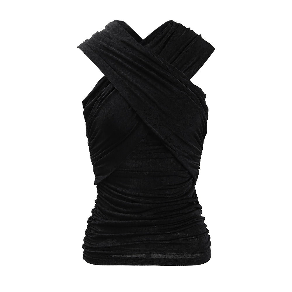 Cross shoulder strap hanging neck pleated black elastic slim fit women's sleeveless vest niche temperament off shoulder