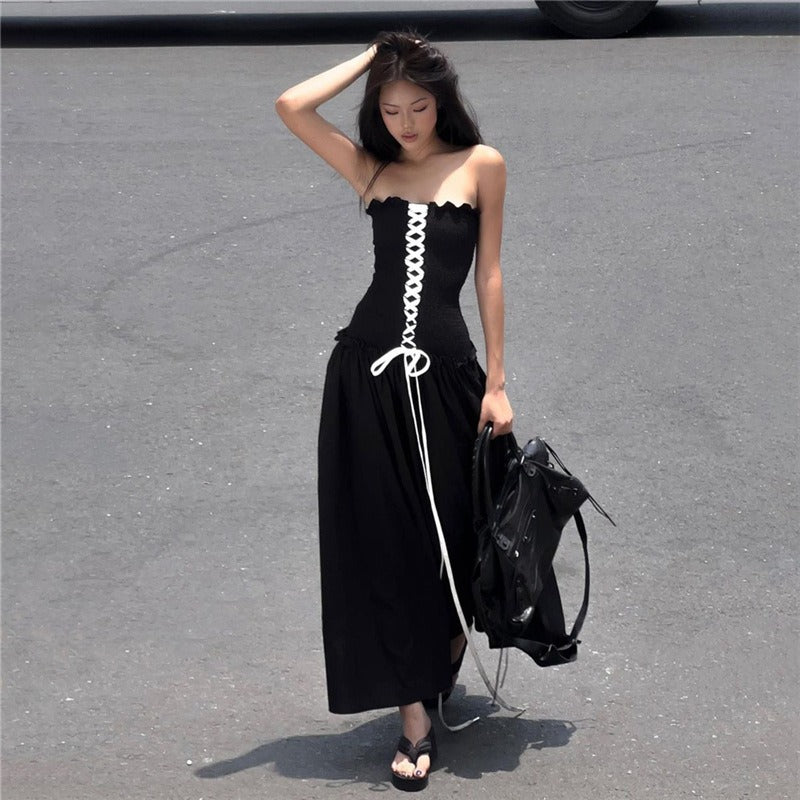 Women's sexy solid color fashion tie long dress for women