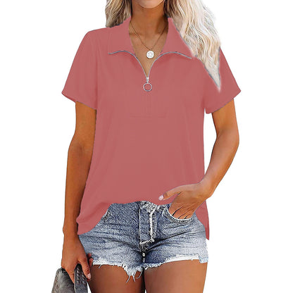 Women's top lapel loose solid color threaded short sleeved zippered t-shirt for women