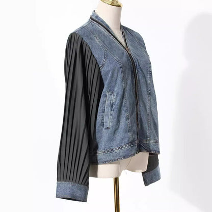 High quality spliced pleated sleeve denim top with temperament