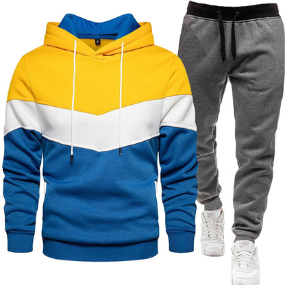 Dreifarbiger Hoodie-Sportanzug für Herren, modisch und lässig, Frühlings- und Herbstspleiß-Kapuzenoberteil, lange Hosen, zweiteiliges Set