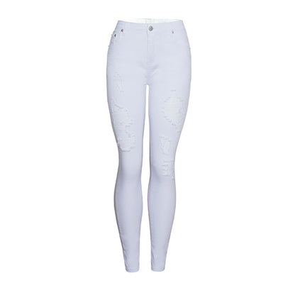 Women's Popular Slim Solid Color White Ripped Pencil Pants High Waist Slim Pencil Pants