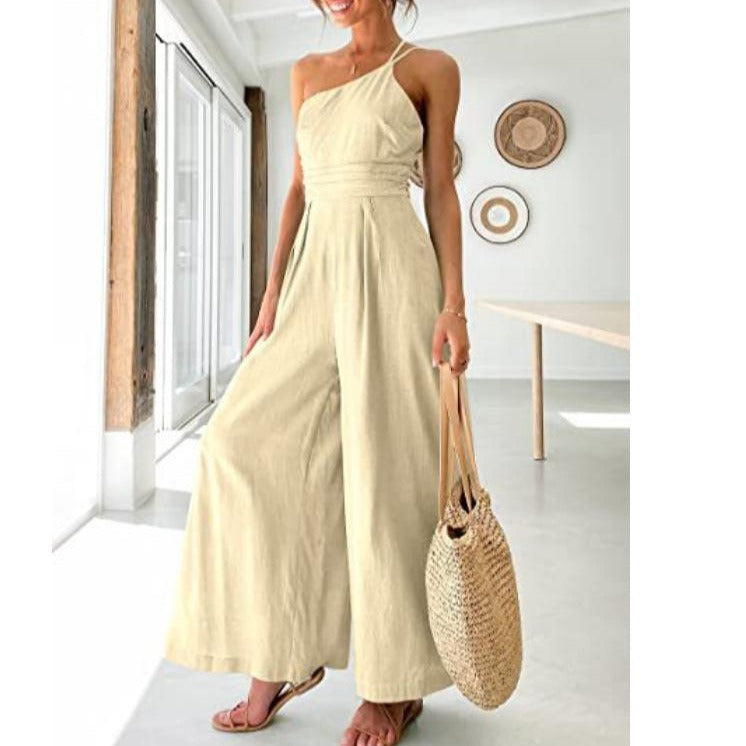 Women's sexy camisole waist wide leg sleeveless cotton linen jumpsuit