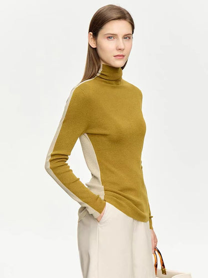 Double sided high neck knitted wool sweater women's color blocked knitted sweater temperament