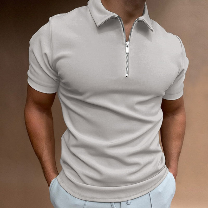 Summer men's thin solid color short sleeved POLO shirt with flip collar zipper slim fit top T-shirt