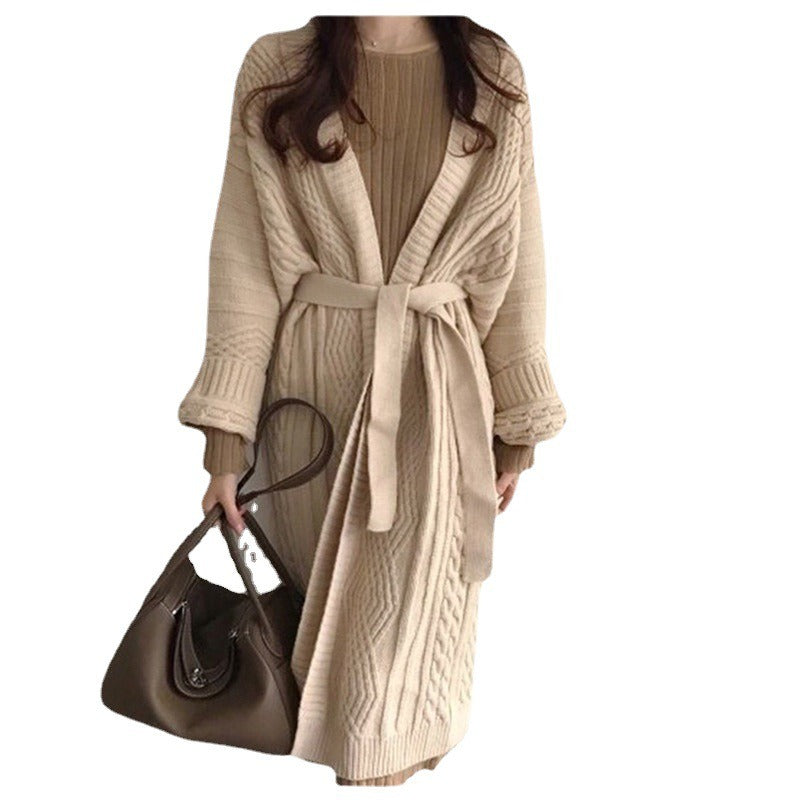 Cardigan tie up waist knit sweater long knee length sweater for women's outerwear