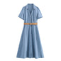 Fashionable waist belt shirt style MIDI dress