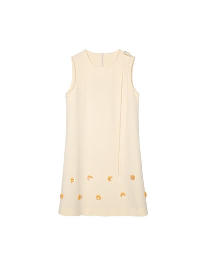 Summer French style small fragrance A-line skirt floral heavy industry nail bead round neck ribbon dress sleeveless