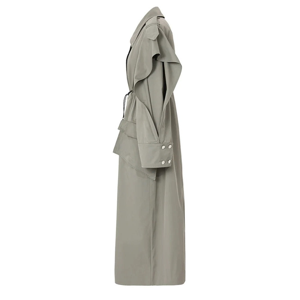 Silhouette grey green trench coat with women's drawstring design loose and versatile drawstring waist cinched long jacket