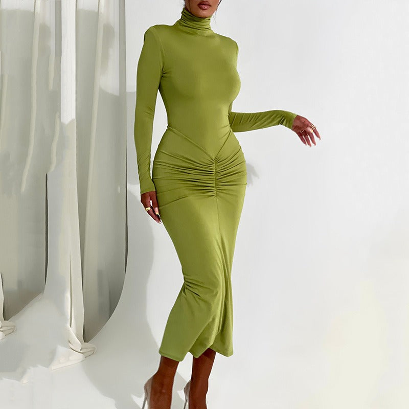 Half high neck long sleeved dress for women's fashion, sexy, spicy girl temperament, tight fitting long skirt