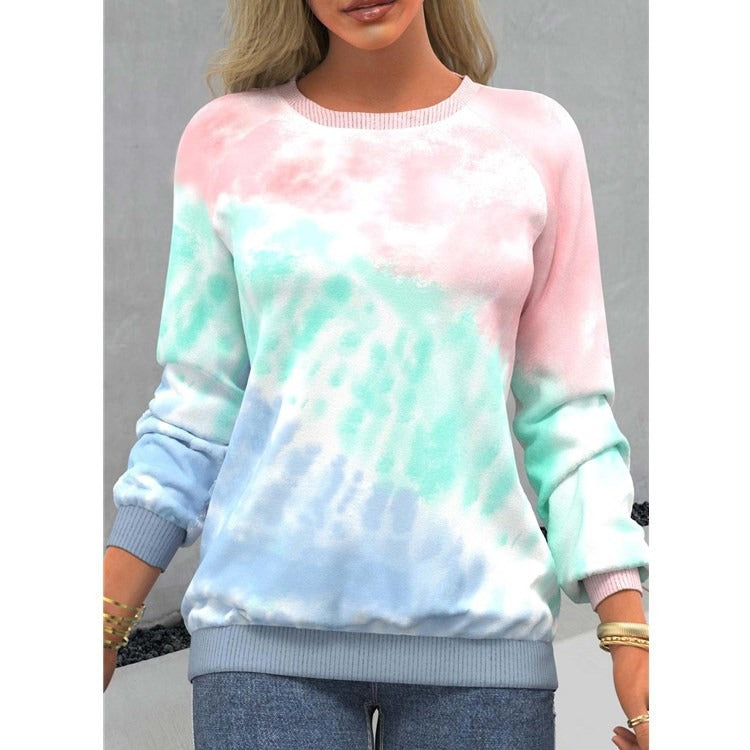 Round neck shoulder long sleeved casual loose tie dyed printed top