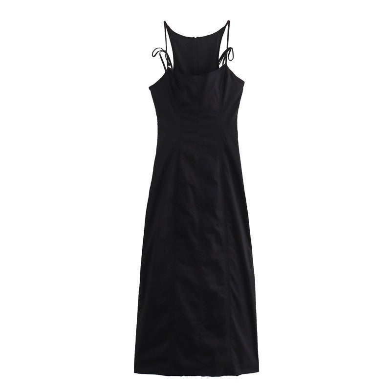 Sexy low neck sleeveless waist cinched solid color suspender dress for women