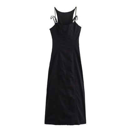 Sexy low neck sleeveless waist cinched solid color suspender dress for women