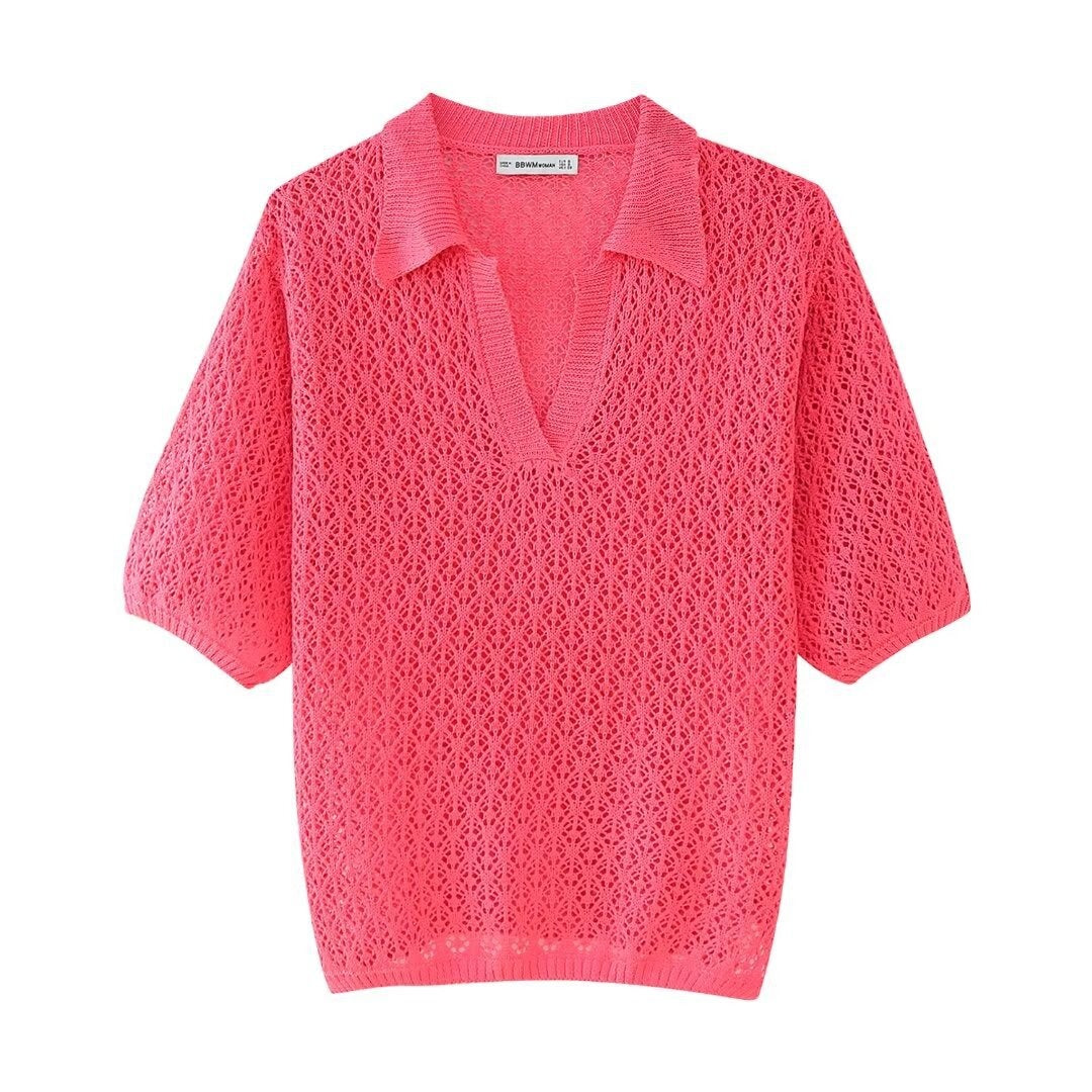 Women's Jacquard Mesh Loose Polo Knitted Shirt for Women