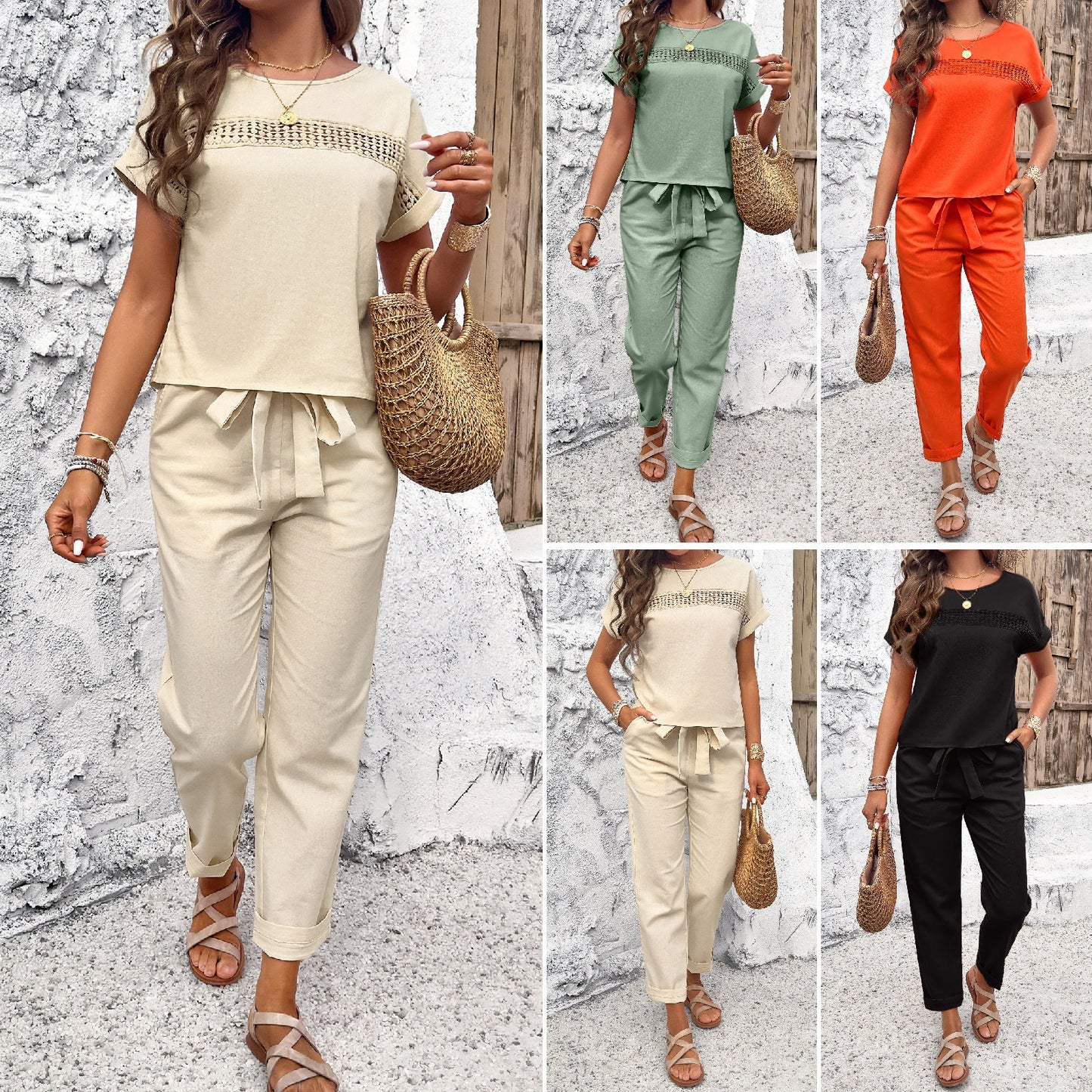 Women's spring and summer temperament casual short sleeved top and pants set