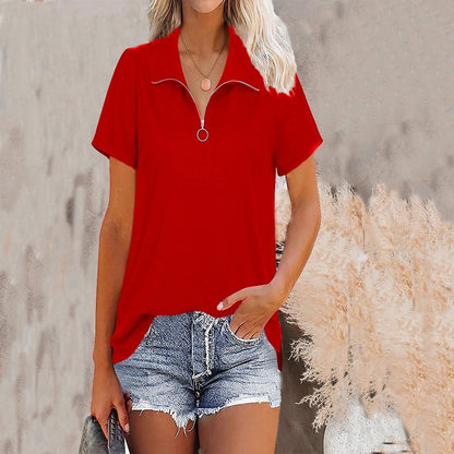 Women's top lapel loose solid color threaded short sleeved zippered t-shirt for women