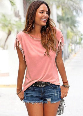 Round neck short sleeved tassel tie t-shirt top