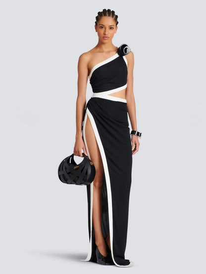 One shoulder sexy dress, spicy girl night high slit formal dress