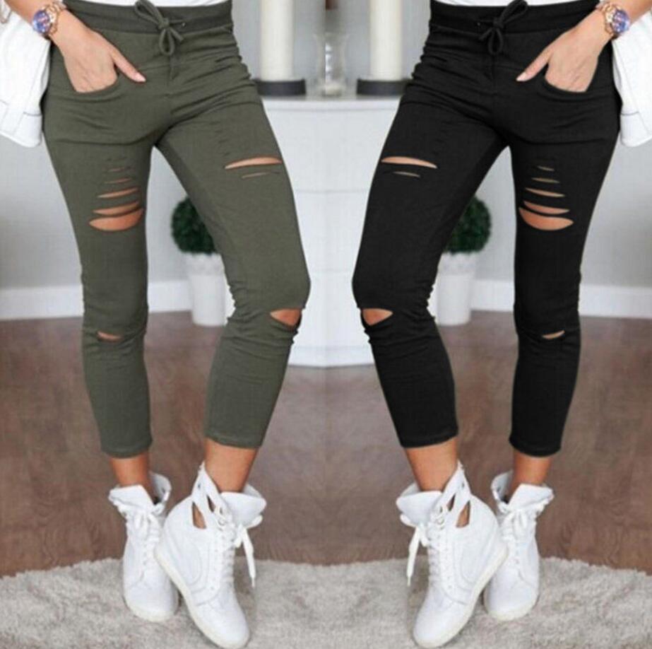 Skinny Jeans Women Denim Pants Holes Destroyed Knee Pencil Pants Casual Trousers Black White Stretch Ripped Jeans