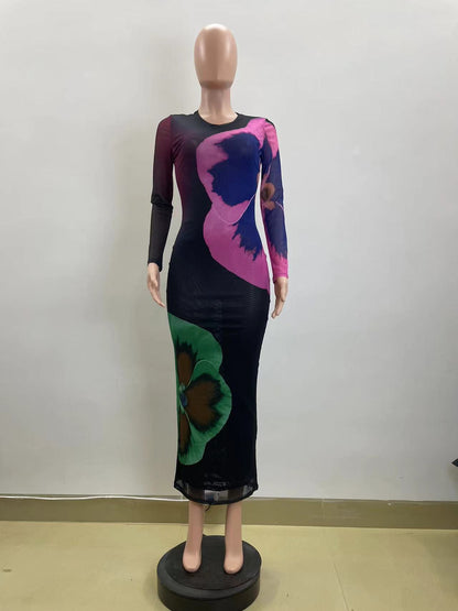 Fashionable and Sexy Printed Round Neck Slim Fit Wrapped Hip Double Layer Dress